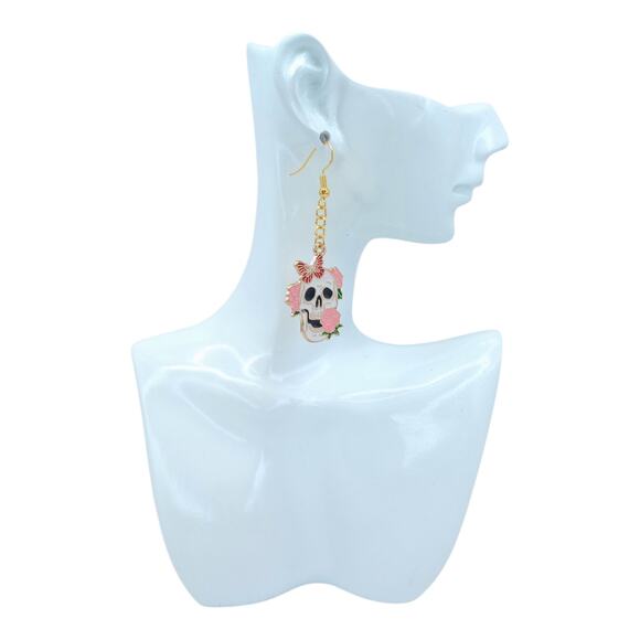 Pink Rose Skull Earrings with Butterfly 💀🌸🦋 - Picture 4 of 4